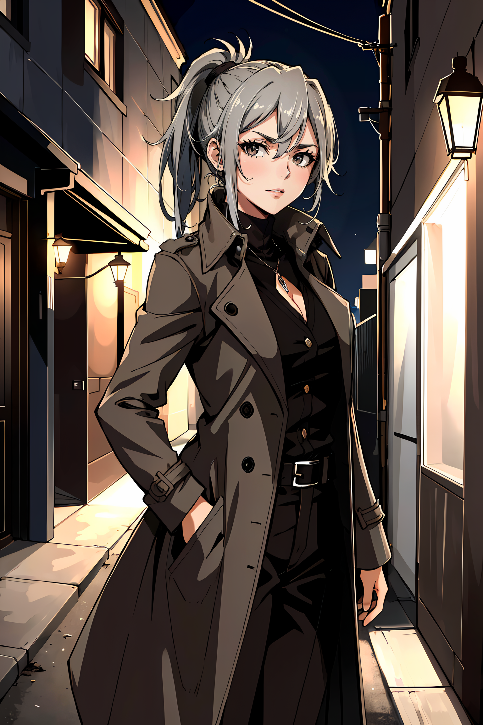 00648-439197034-masterpiece, high quality, sharp focus, a 25yo detective woman, gray hair in a ponytail, wearing a trench coat, bright brown eye.png